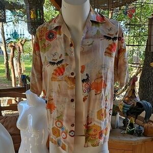 Vintage PUA HAWAII G.V.H. print Colorful Button-Up Shirt with Cranes Design S